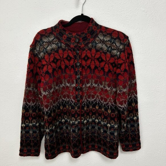 Intiwara 100% Alpaca Wool Red Multi Color Cardigan Sweater Handmade Bolivia Sz M - Picture 1 of 10